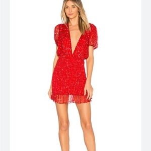 Free People Red Plunging Mini Dress with Puff Sleeves